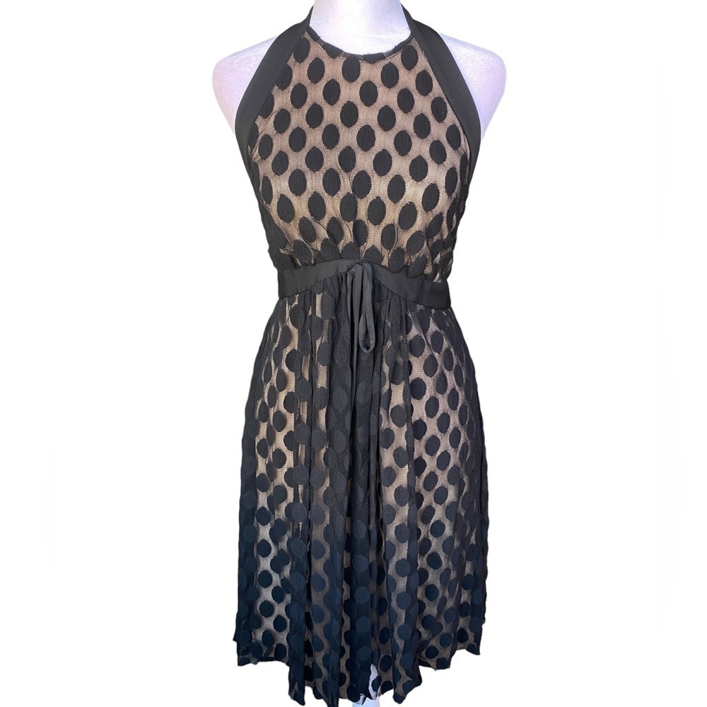Maggy London Polka Dot Black Mesh Sheer Halter Cocktail Party Mini Dress Size 4